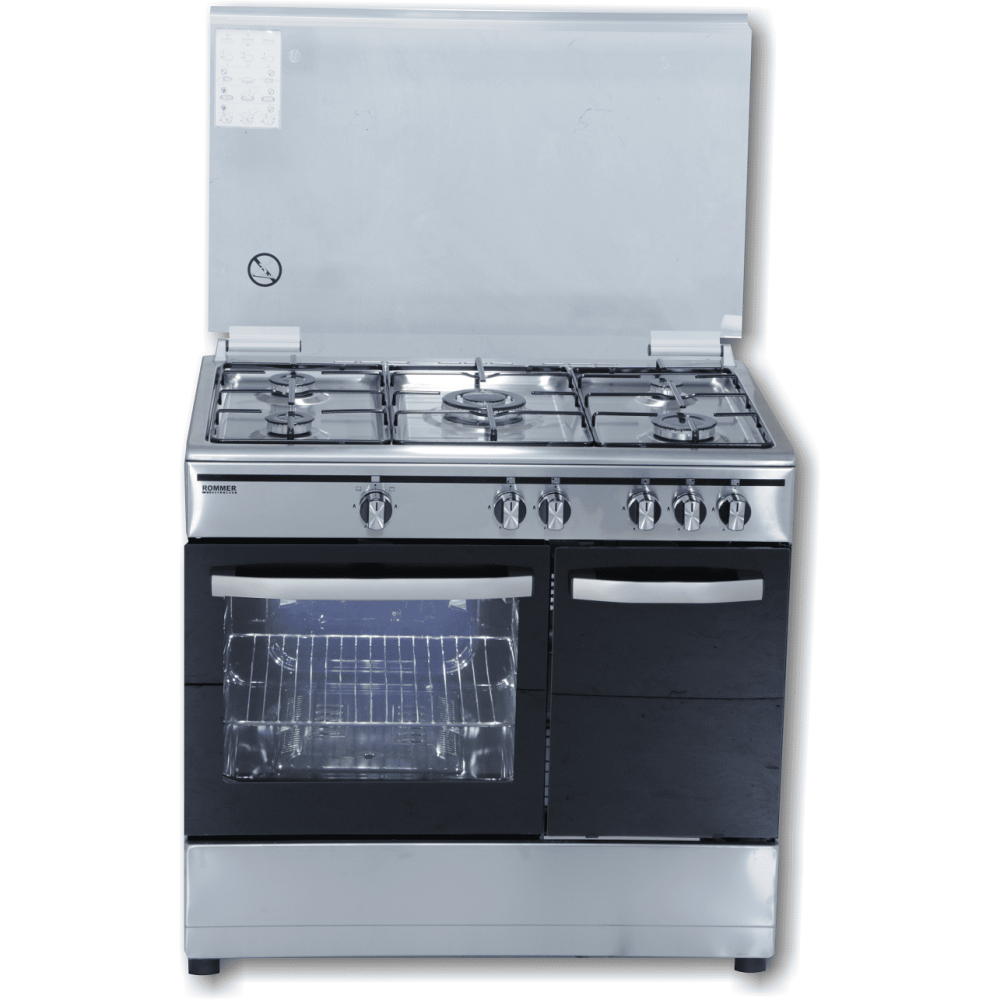 COCINA ROMMER 5 FUEGOS INOX HORNO GAS + PORTABOMBONAS (1 FUEGO TRIPLE CORONA) TAPA CRISTAL
