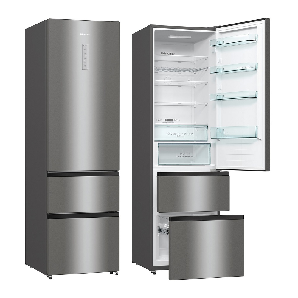 FRIGORIFICO HISENSE COMBI 3D 200 x 60 x 67 CM CLASE-D INOX  (3 PUERTAS) TOTAL NO FROST 368 L. INVERTER CONTROL