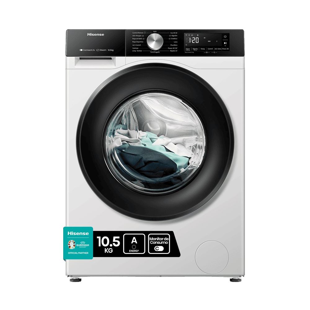 LAVADORA HISENSE 10,5 KG  CLASE-A 1400RPM ,INVERTER DISPLAY FONDO 59 CM  BLANCA  A-20  CONECTIVIDAD WIFI   SM