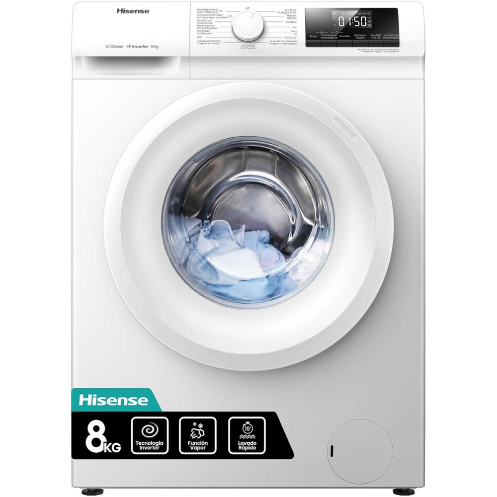LAVADORA HISENSE 8 KG 1400 RPM CLASE-A INVERTER FUNCION VAPOR