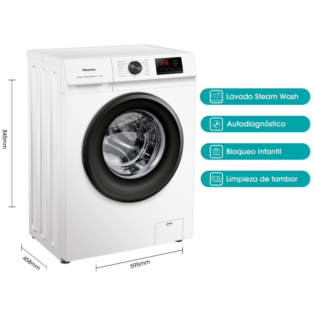 LAVADORA HISENSE 7 KG CLASE-D 1200 RPM DISPLAY FUNCION VAPOR (FONDO 46 CM.)